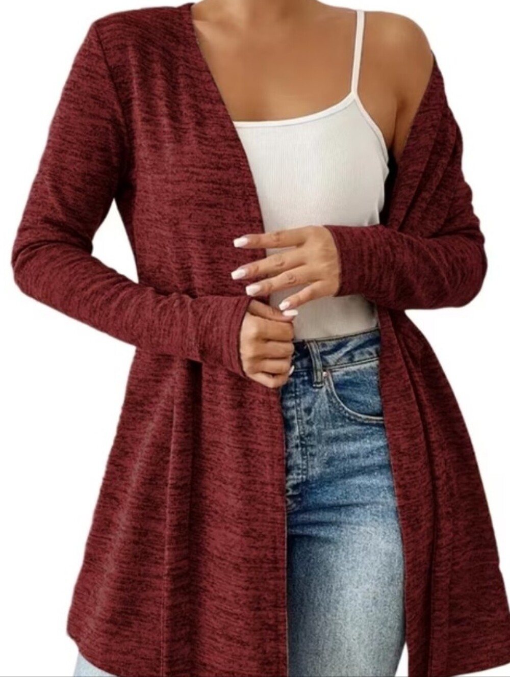 Burgundy Marled Open Front Long Sleeve Lightweight Cardigan Sweater S